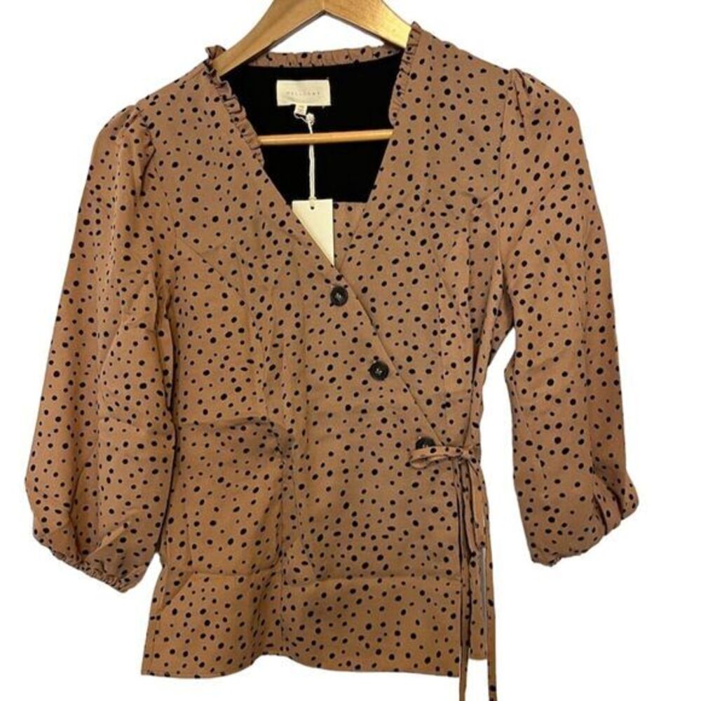 Melloday Women's Polka Dot Ruffle Neck Tie Front Blouse Brown 3/4 Sleeve Button